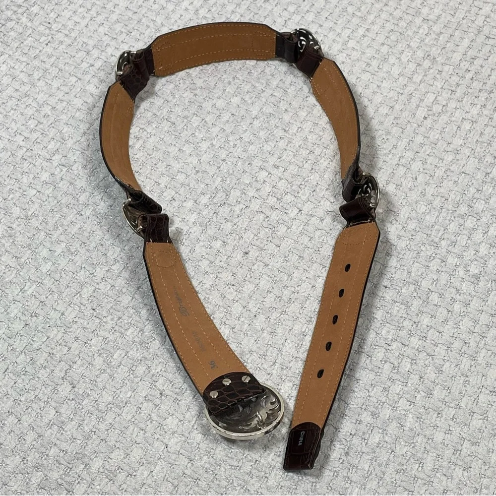 BRIGHTON Belt Brown Woven Croc Leather Concho Rhinestones Silvertone Size 36